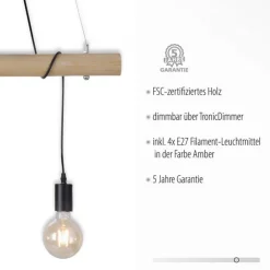 Just Light Lange Pendelleuchte Holzbalken 100 cm inkl E27 2700 K< Hängelampen|Bürolampen