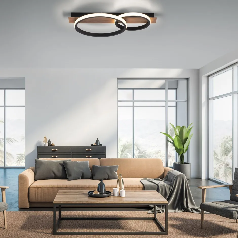 Just Light LED Deckenlampe Holz Metall Natur Schwarz 53 cm 3200 lm< Deckenleuchten|Flurlampen