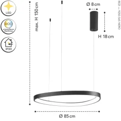 Eco-Light LED Hängelampe Schwarz Ring B:65 cm 3000/4000/6500 K< Wohnzimmerlampen|Metall Lampen