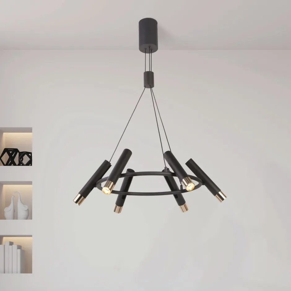 Searchlight LED Hängeleuchte rund D: 70 cm in Schwarz Gold verstellbar< Hängelampen|Led Lampen