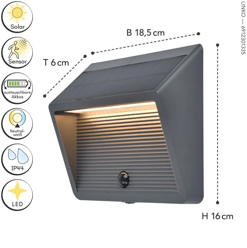 Solarleuchten|Led Außenleuchten*Eco-Light LED Solar Außenwandlampe Bewegungsmelder IP44 900 lm