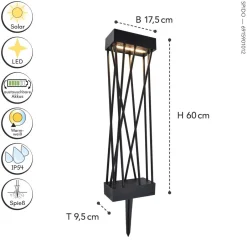 Metall Lampen|Wegeleuchten*Eco-Light LED Solar Erdspießstrahler Schwarz Metall H:60 cm IP54