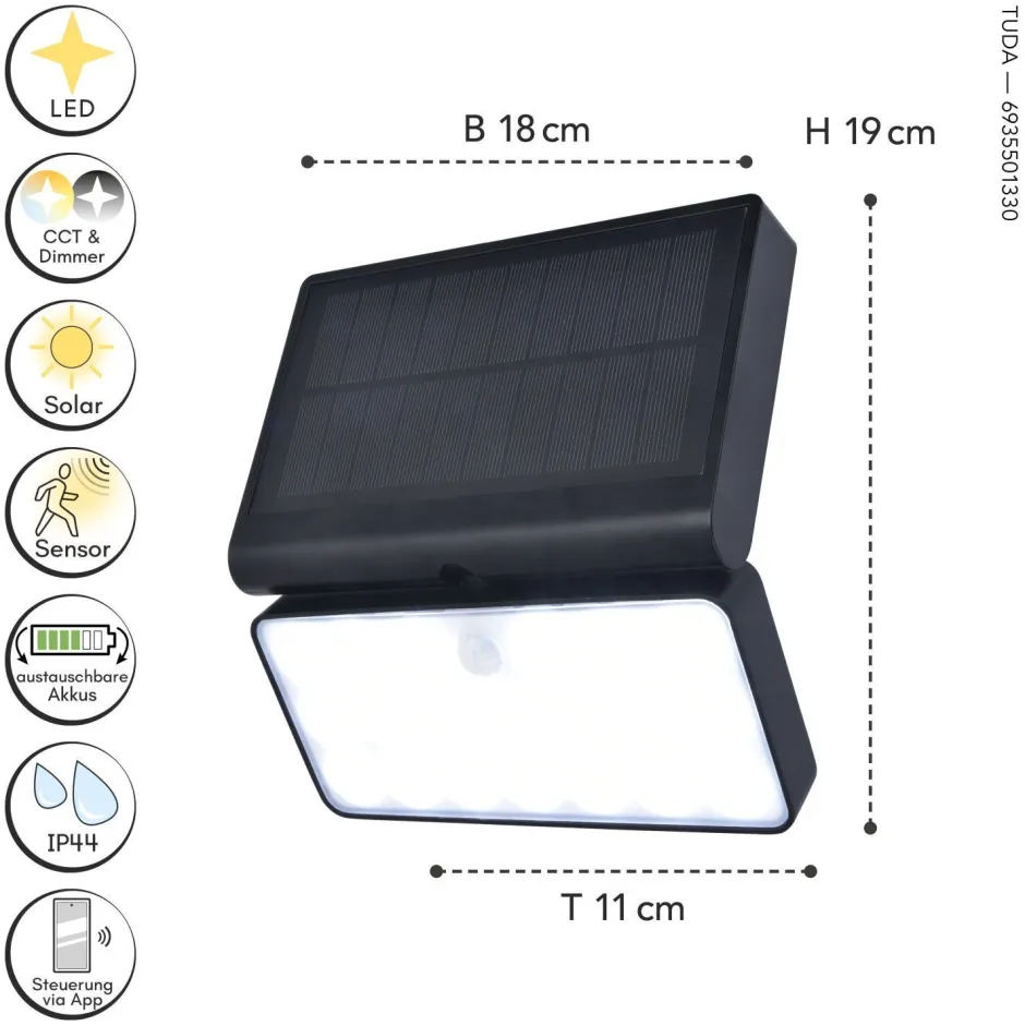 Solarleuchten|Led Außenleuchten*Eco-Light LED Solar Wandlampe Bewegungsmelder dimmbar 8 W IP44