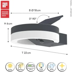 Eco-Light LED Solar Wandlampe Sensor Anthrazit IP54 12 W 4000 K< Solarleuchten|Led Außenleuchten