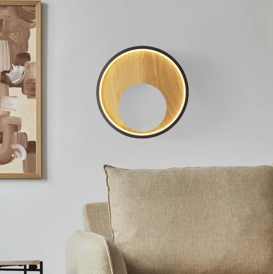 Searchlight LED Wandlampe rund Ø 30 cm Schwarz Braun 3000 K< Led Lampen|Wandleuchten