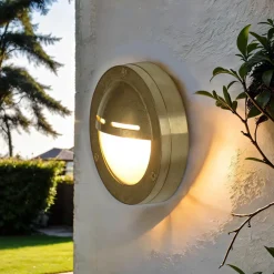 Rustikale Lampen|Metall Lampen*Lido Messing Außenwandleuchte rund IP64 Ø14cm Maritim