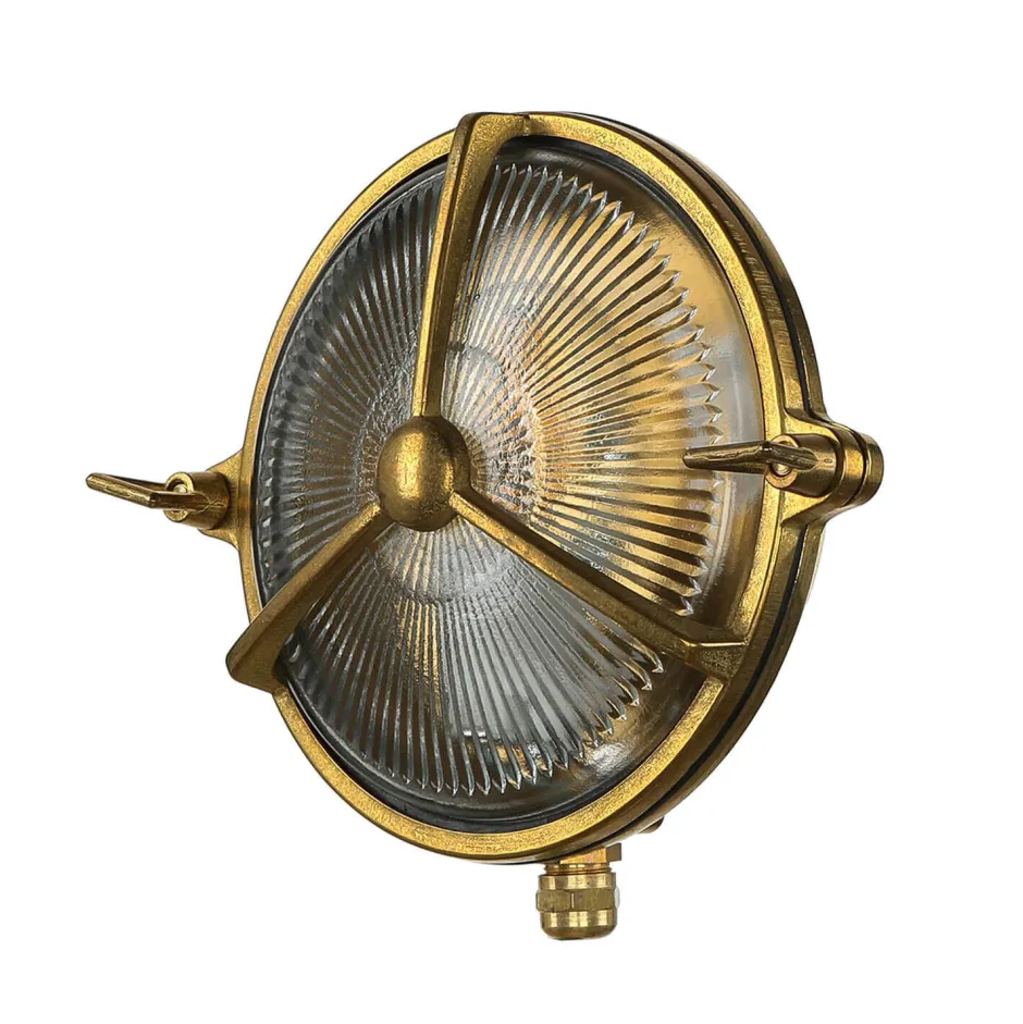Lido Messing Wandleuchte rund IP64 Riffelglas Bullauge< Außenwandleuchten|Rustikale Lampen