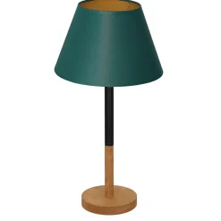 Luminex Nachttischlampe Petrol Natur Gold Stoff Holz 56 cm E27< Tischlampen|Schlafzimmer Lampen