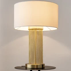 Maytoni Nachttischleuchte Edelstahl Stoff 47 cm in Gold Weiß< Tischlampen|Schlafzimmer Lampen