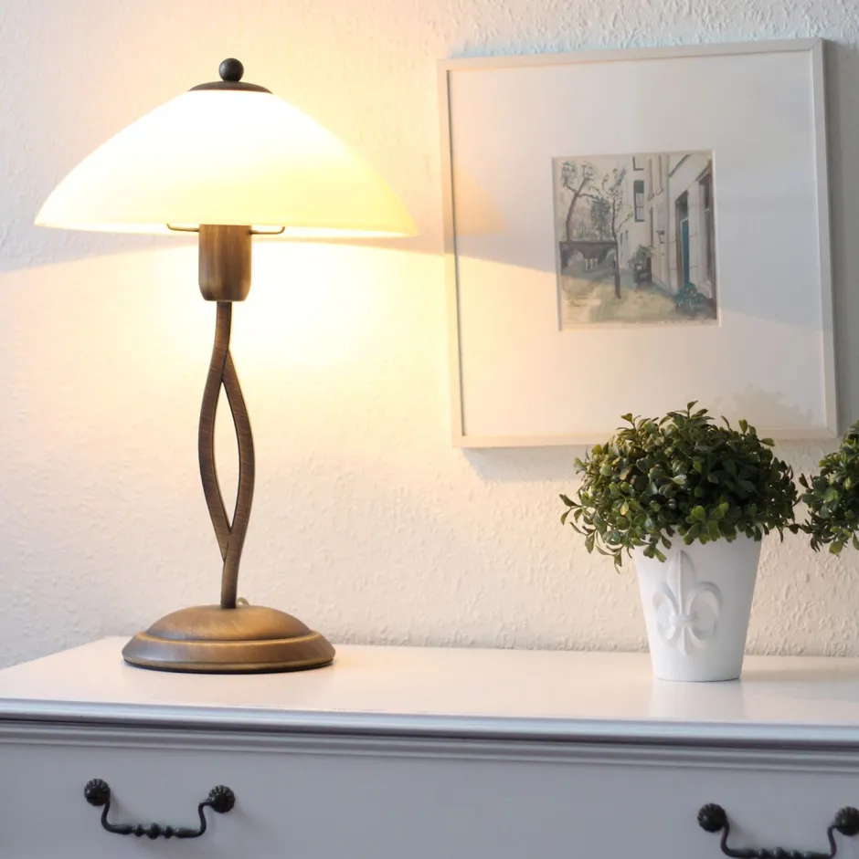 Tischlampen|Schlafzimmer Lampen*Steinhauer Nachttischleuchte Metall Glas in Bronze Creme E27 45 cm