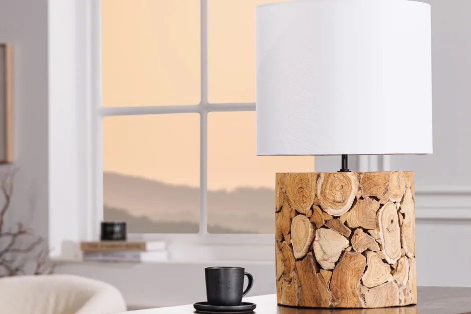 Invicta Interior Nachttischleuchte Weiß Natur Stoff Holz 45 cm gemütlich< Tischlampen|Schlafzimmer Lampen