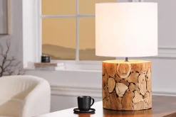 Invicta Interior Nachttischleuchte Weiß Natur Stoff Holz 45 cm gemütlich< Tischlampen|Schlafzimmer Lampen