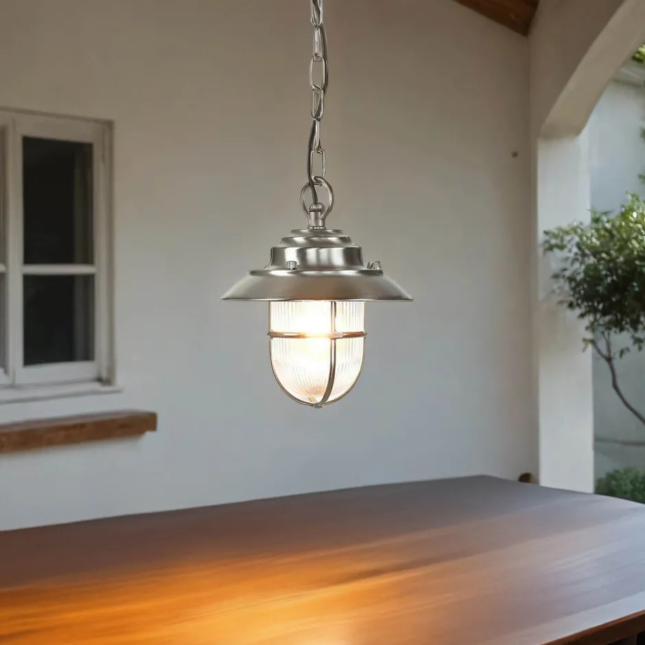 Metall Lampen|Messinglampen*Lido Pendellampe Außen in Nickel Echt-Messing Riffelglas