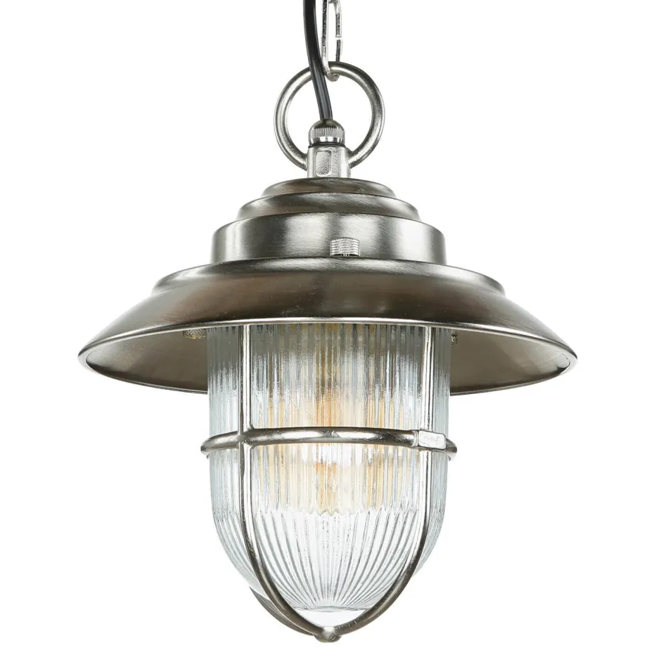 Metall Lampen|Messinglampen*Lido Pendellampe Außen in Nickel Echt-Messing Riffelglas
