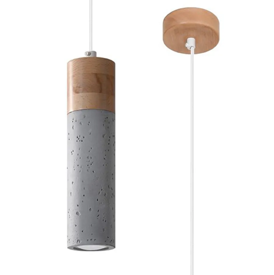 Sollux Pendelleuchte Beton Holz Ø 7 cm schmal Grau GU10< Betonlampen|Moderne Lampen