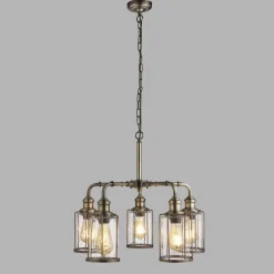 Wohnzimmerlampen|Glaslampen*Searchlight Pendelleuchte 5-flammig E27 Glas Metall Vintage LOGAN