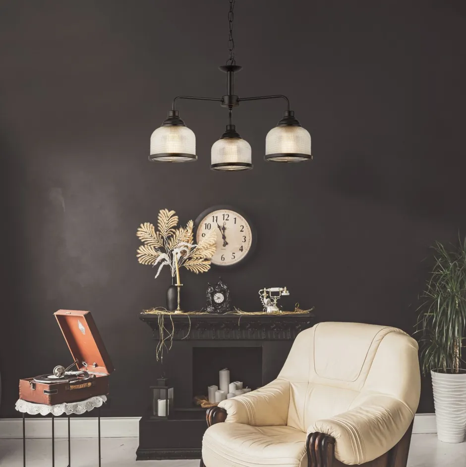 Wohnzimmerlampen|Glaslampen*Searchlight Pendelleuchte 3-flammig E27 Schwarz Klar Ø 56 cm Vintage