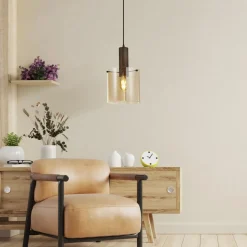 Wohnzimmerlampen|Glaslampen*Searchlight Pendelleuchte Glas Metall Braun Bernstein E27 D: 20 cm