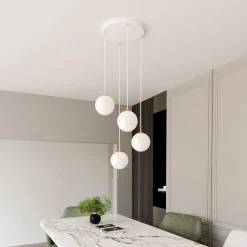 Emibig Pendelleuchte Glas Metall 4x E14 Weiß Gold verstellbar< Wohnzimmerlampen|Glaslampen