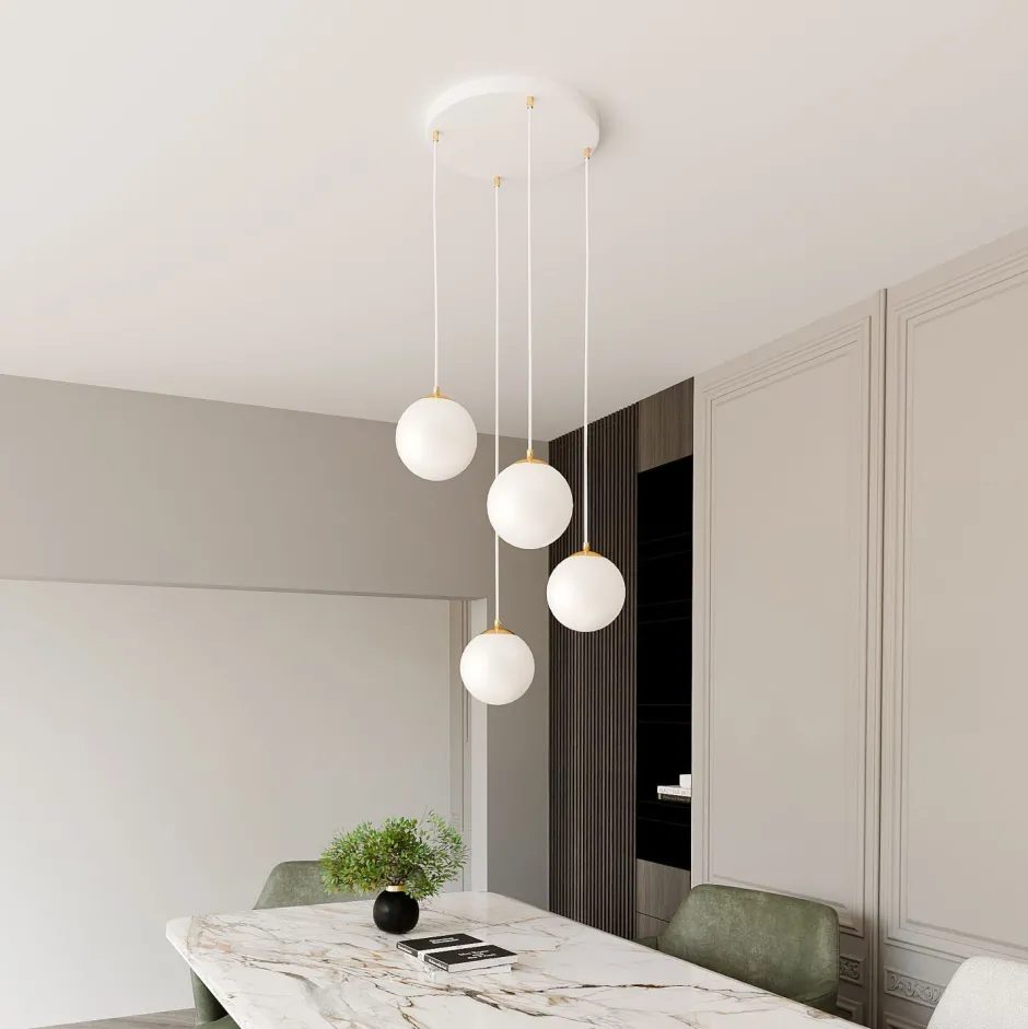 Emibig Pendelleuchte Glas Metall 4x E14 Weiß Gold verstellbar< Wohnzimmerlampen|Glaslampen