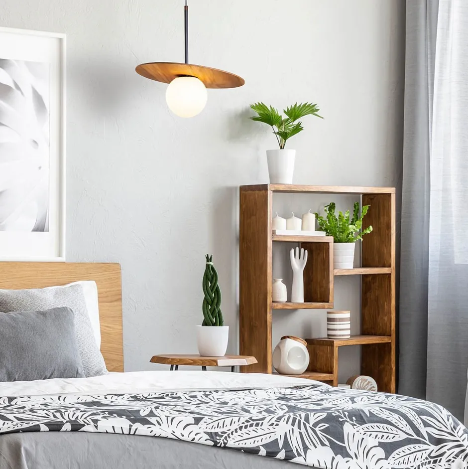 Elstead Pendelleuchte Glas Teakholzfurnier Ø 40 cm E27 Modern< Hängelampen|Bürolampen