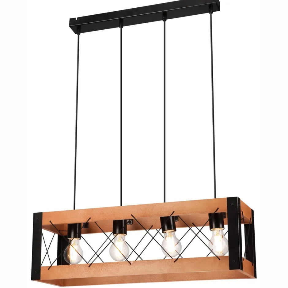 Bürolampen|Rustikale Lampen*Lamkur Pendelleuchte Holz Metall verstellbar 4-flammig E27 Rustikal