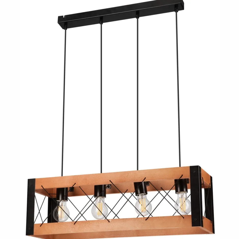 Bürolampen|Rustikale Lampen*Lamkur Pendelleuchte Holz Metall verstellbar 4-flammig E27 Rustikal