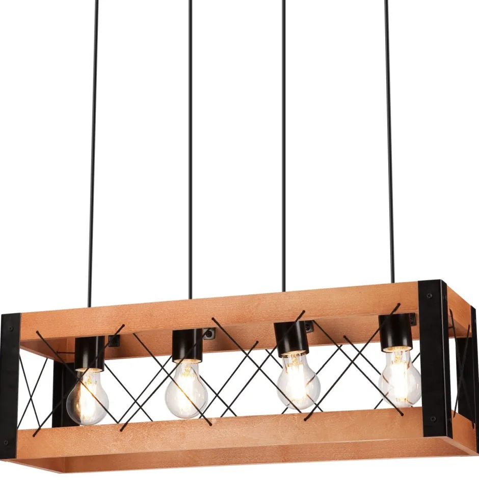 Bürolampen|Rustikale Lampen*Lamkur Pendelleuchte Holz Metall verstellbar 4-flammig E27 Rustikal