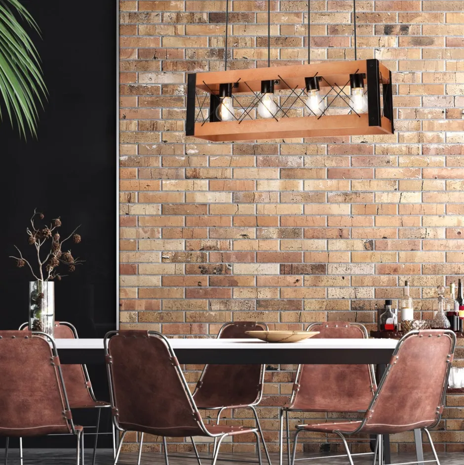 Bürolampen|Rustikale Lampen*Lamkur Pendelleuchte Holz Metall verstellbar 4-flammig E27 Rustikal