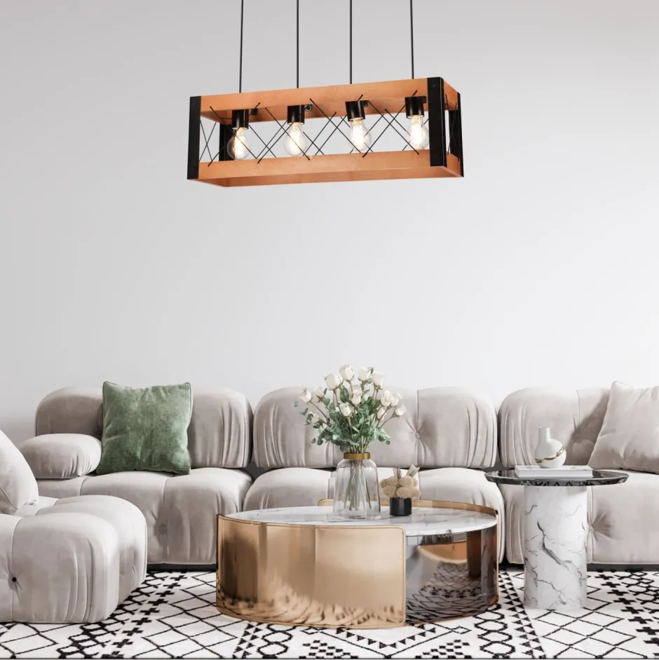 Bürolampen|Rustikale Lampen*Lamkur Pendelleuchte Holz Metall verstellbar 4-flammig E27 Rustikal