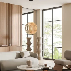 Hängelampen|Esszimmer Lampen*Maytoni Pendelleuchte Metall Holz rund D: 43 cm Schwarz Beige