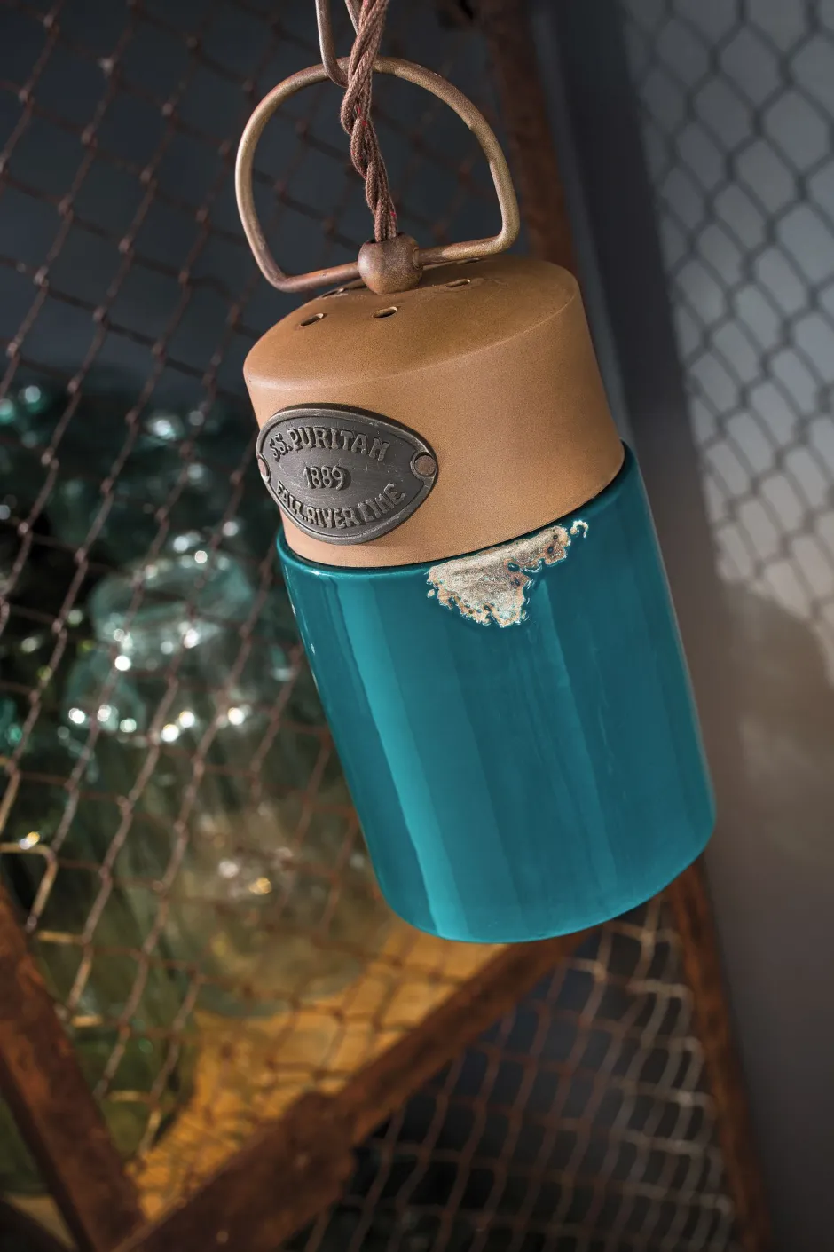 Ferroluce Pendelleuchte Metall Keramik E27 rund D: 12,5 cm Petrol< Wohnzimmerlampen|Keramiklampen