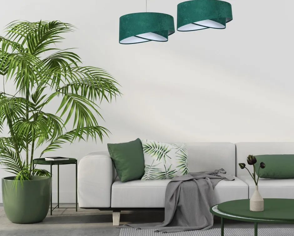 BPS Koncept Pendelleuchte rund Ø 50 cm E27 Stoff Velours Optik Grün Weiß< Hängelampen|Bürolampen