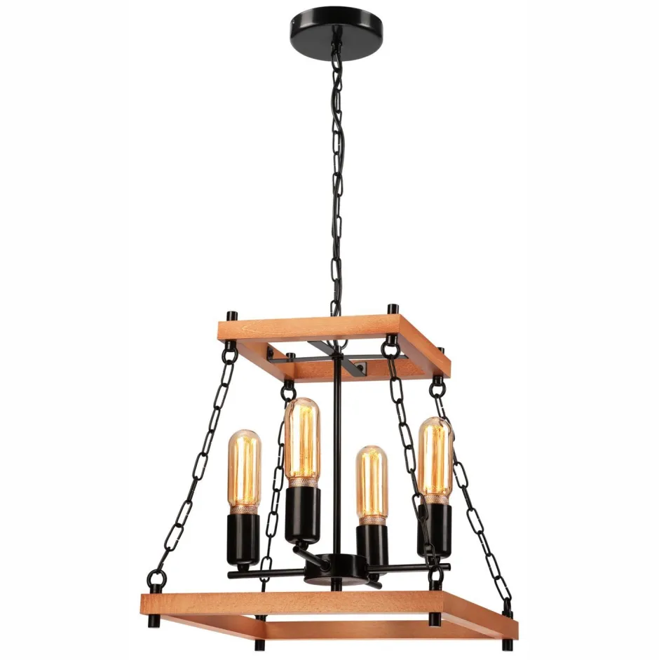 Lamkur Pendelleuchte Rustikal B: 37 cm 4-flammig E27 Holz Metall< Rustikale Lampen|Holzlampen