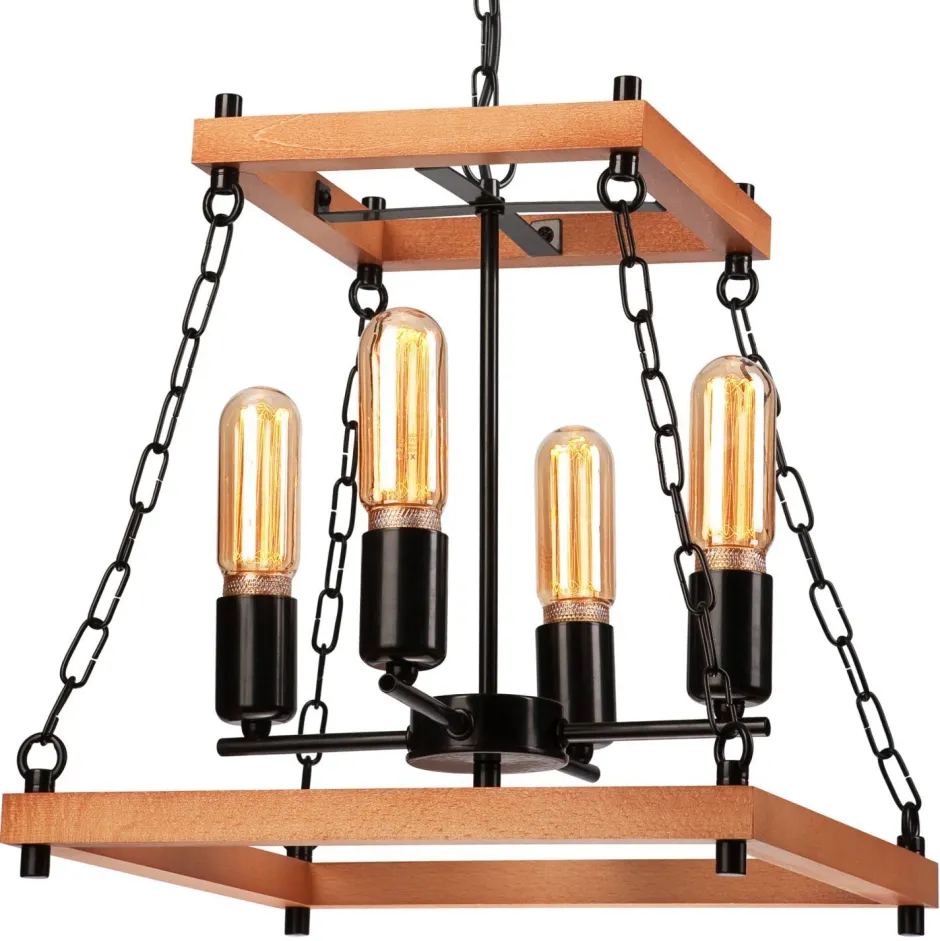 Lamkur Pendelleuchte Rustikal B: 37 cm 4-flammig E27 Holz Metall< Rustikale Lampen|Holzlampen