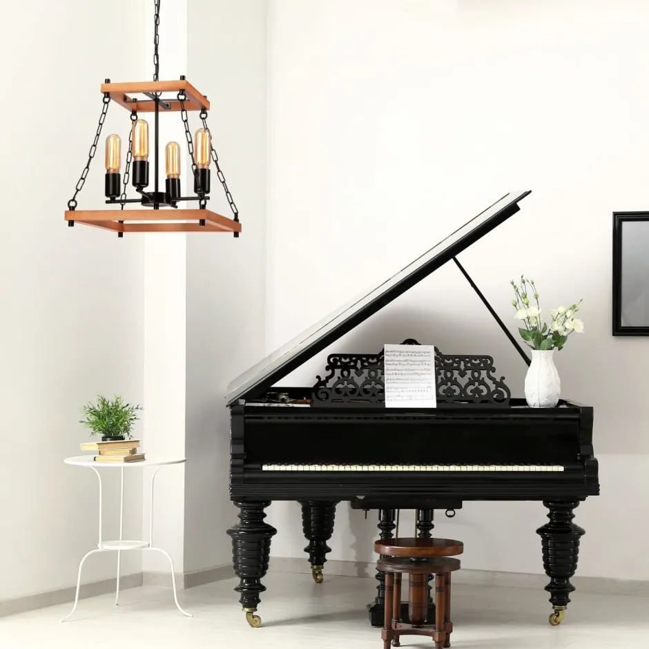 Lamkur Pendelleuchte Rustikal B: 37 cm 4-flammig E27 Holz Metall< Rustikale Lampen|Holzlampen