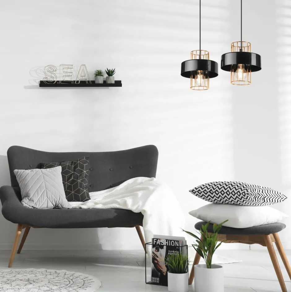 Lamkur Pendelleuchte Schwarz Gold B: 40 cm Metall 2-flammig E27< Bürolampen|Küchenlampen