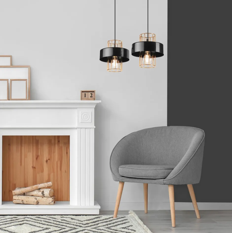 Lamkur Pendelleuchte Schwarz Gold B: 40 cm Metall 2-flammig E27< Bürolampen|Küchenlampen