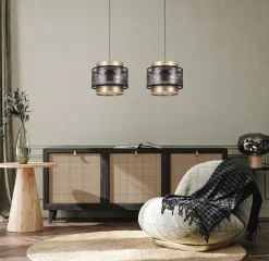 Belis Pendelleuchte Schwarz Gold 2-flammig E27 Stoff blendarm< Hängelampen|Bürolampen