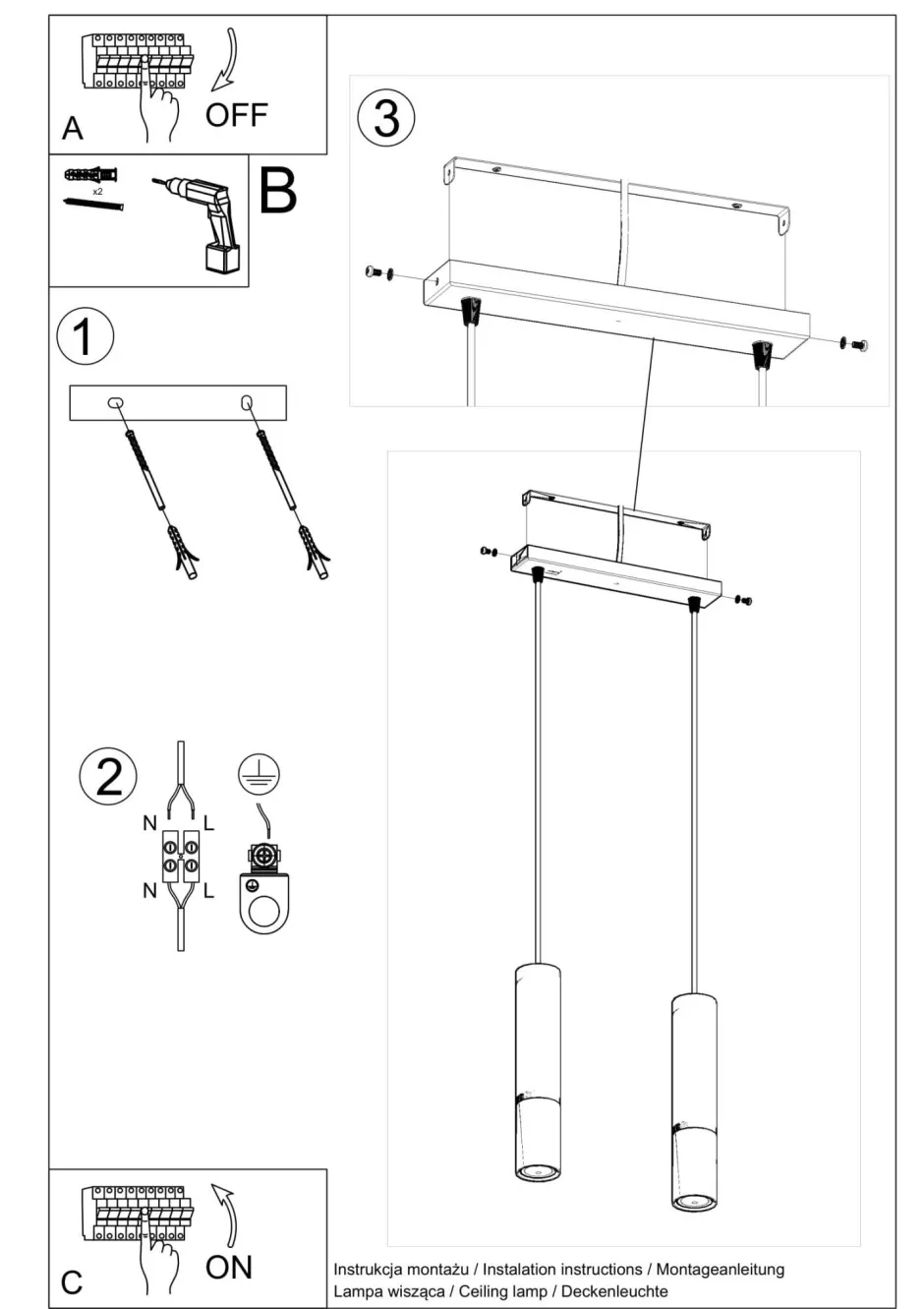 Wohnzimmerlampen|Moderne Lampen*Sollux Pendelleuchte Schwarz Gold verstellbar 2-flammig GU10