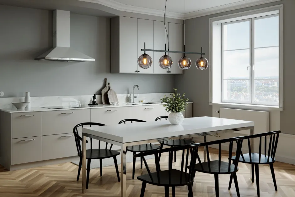 By Rydéns Pendelleuchte Schwarz Grau B: 117 cm Metall Rauchglas 4x E27< Hängelampen|Wohnzimmerlampen