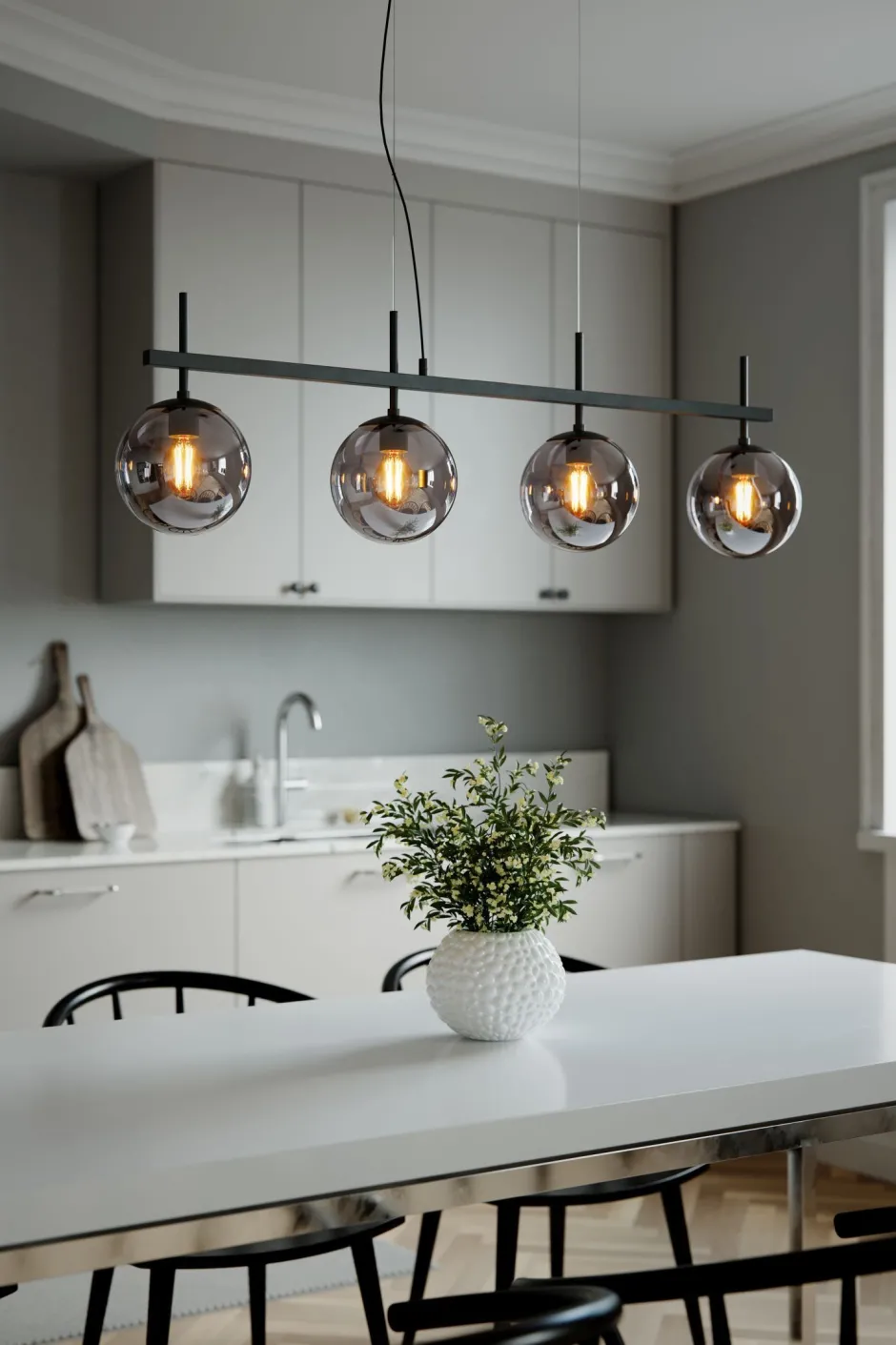 By Rydéns Pendelleuchte Schwarz Grau B: 117 cm Metall Rauchglas 4x E27< Hängelampen|Wohnzimmerlampen