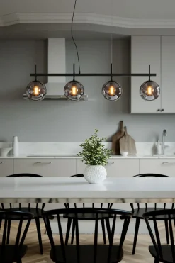 By Rydéns Pendelleuchte Schwarz Grau B: 117 cm Metall Rauchglas 4x E27< Hängelampen|Wohnzimmerlampen