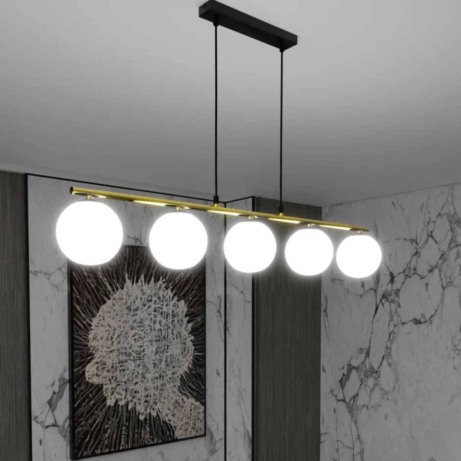 Emibig Pendelleuchte Schwarz Weiß Gold E14 Glas Metall 105 cm lang< Küchenlampen|Kugellampen