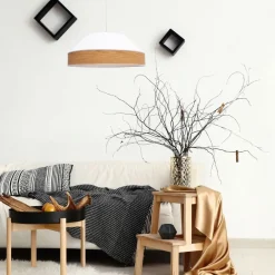 Belis Pendelleuchte Stoff Schirm Weiß Natur E27 Ø45 cm rund< Hängelampen|Bürolampen