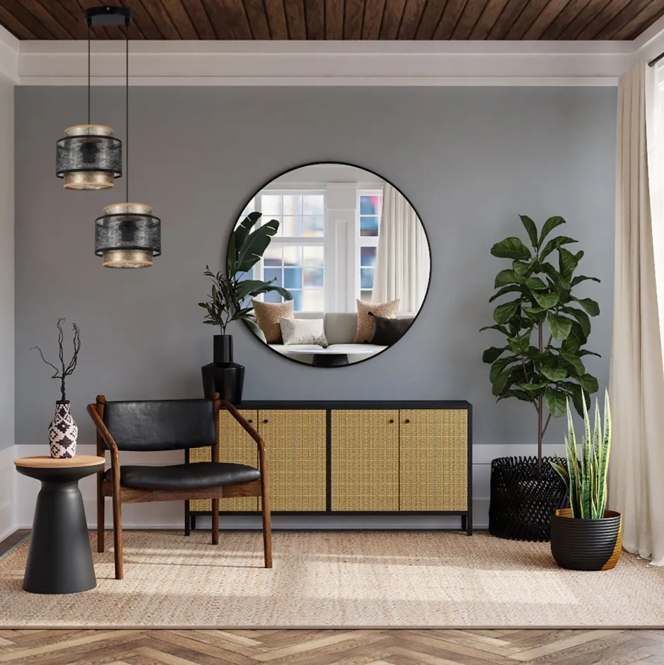 Hängelampen|Bürolampen*Belis Pendelleuchte Stoff Schwarz Gold B:33 cm E27 blendarm