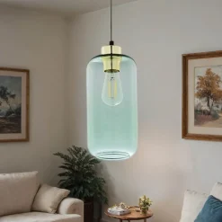 Glaslampen|Metall Lampen*TK Lighting Pendelleuchte verstellbar Grün Gold E27 Ø 13 cm Glasschirm