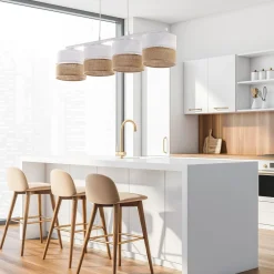 Wohnzimmerlampen|Stofflampen*TK Lighting Pendelleuchte Weiß Braun 4-flammig Metall Stoff Jute E27