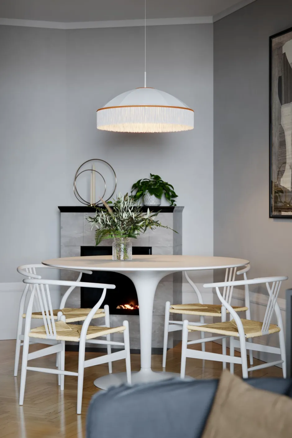 Hängelampen|Wohnzimmerlampen*By Rydéns Pendelleuchte Weiß Gold Ø 60 cm Stoffschirm Fransen E27