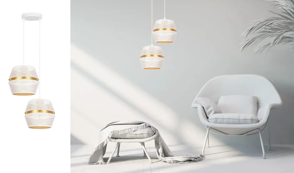 Hängelampen|Bürolampen*Belis Pendelleuchte Weiß Gold Metall 2-flammig B:40 cm E27